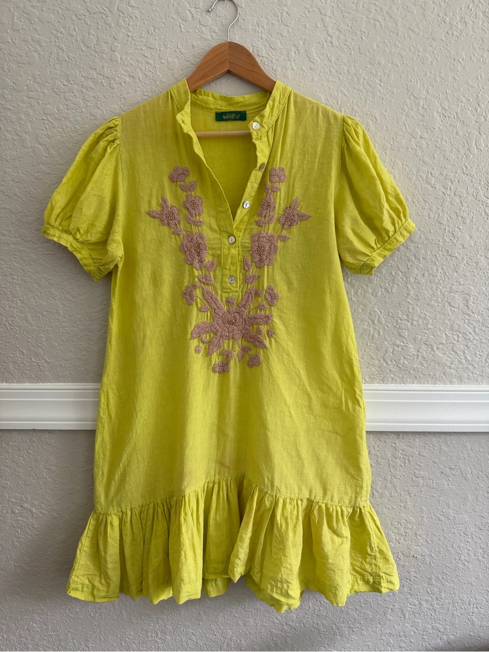 Lime Yellow Embroidered Short Sleeve Tunic Dress - 100%linen-Made in Brazil